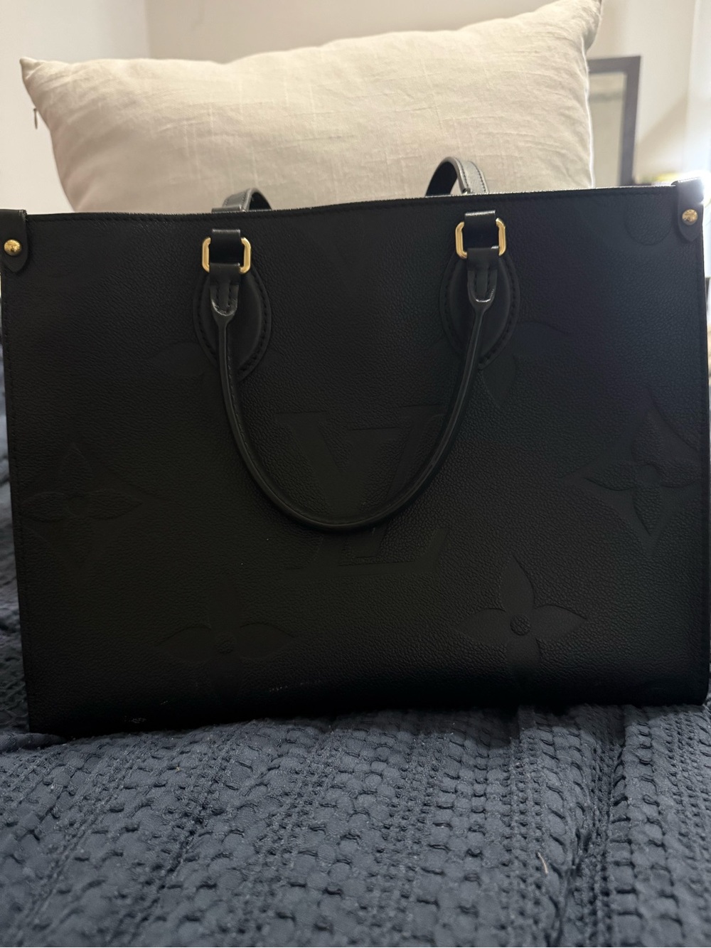 Louis Vuitton On the Go Black Embossed Monogram Tote with Gold Hardware